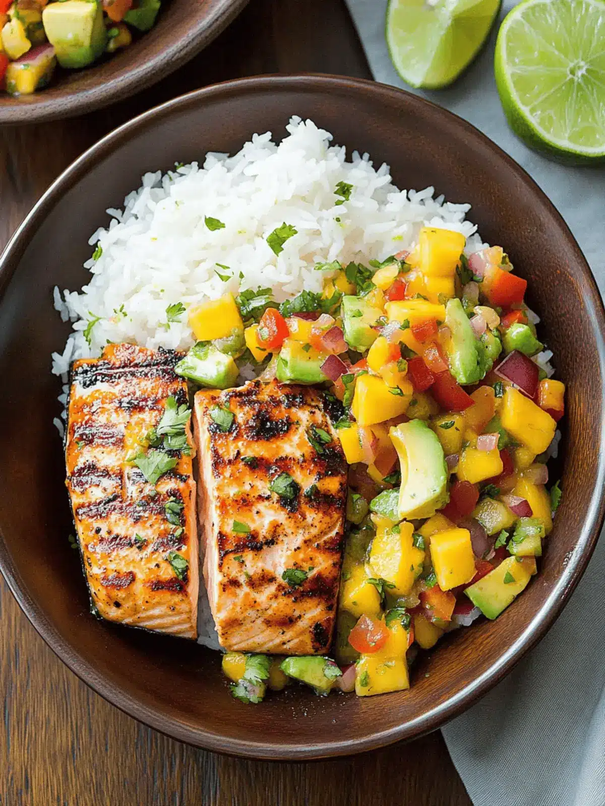Grilled Lime Salmon with Mango Salsa & Coconut Rice Delight 2 Grilled Lime Salmon with Avocado-Mango Salsa and Coconut Rice