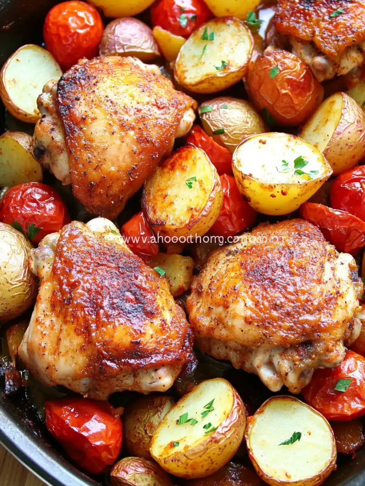 Healthy One Pan Baked Paprika Chicken Thighs with Potatoes and Tomatoes