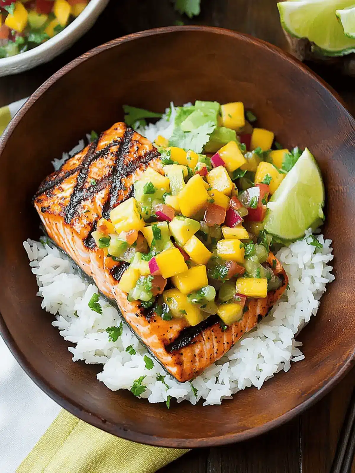 Grilled Lime Salmon with Mango Salsa & Coconut Rice Delight 3 Grilled Lime Salmon with Avocado-Mango Salsa and Coconut Rice
