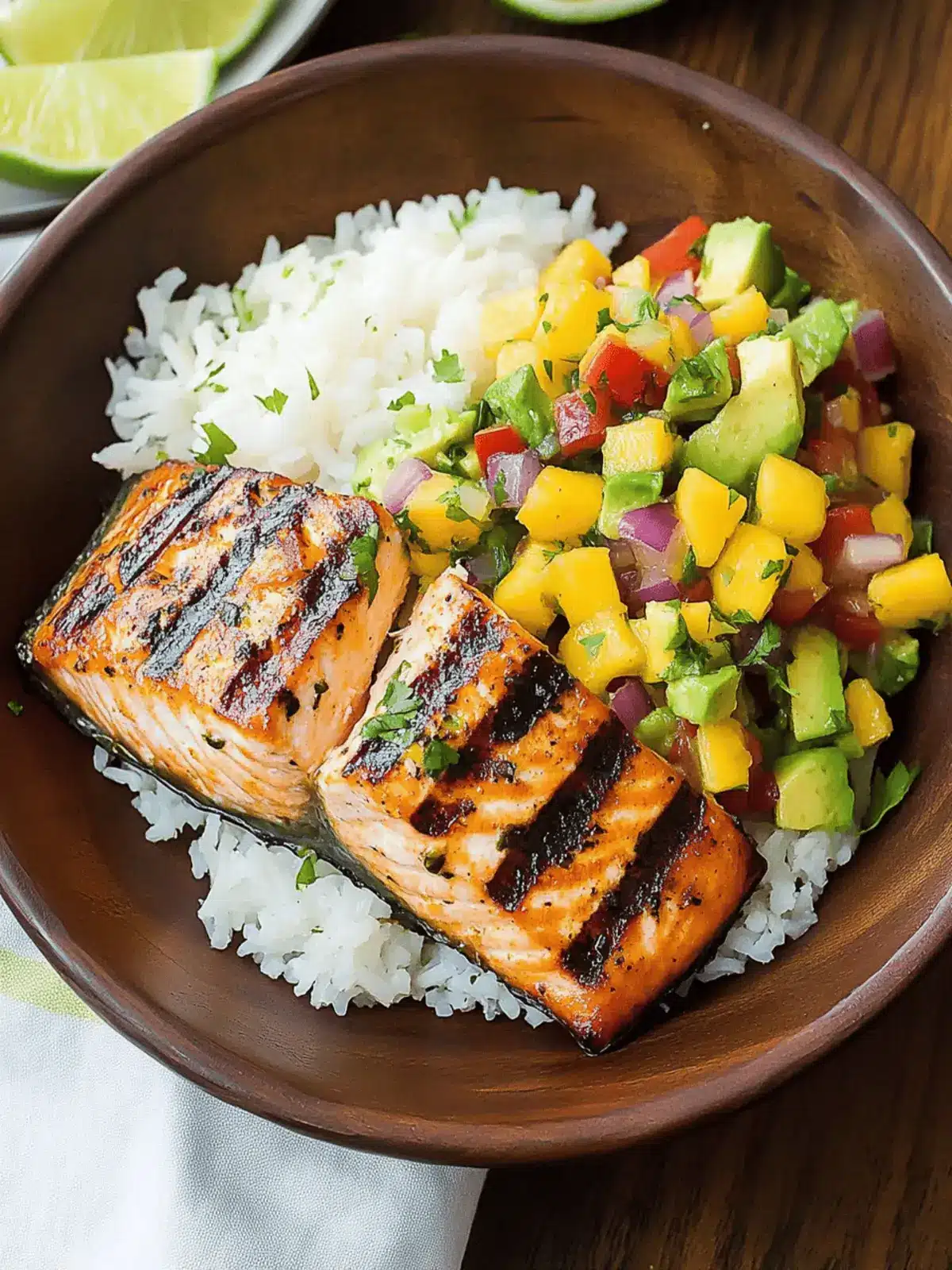 Grilled Lime Salmon with Mango Salsa & Coconut Rice Delight 4 Grilled Lime Salmon with Avocado-Mango Salsa and Coconut Rice