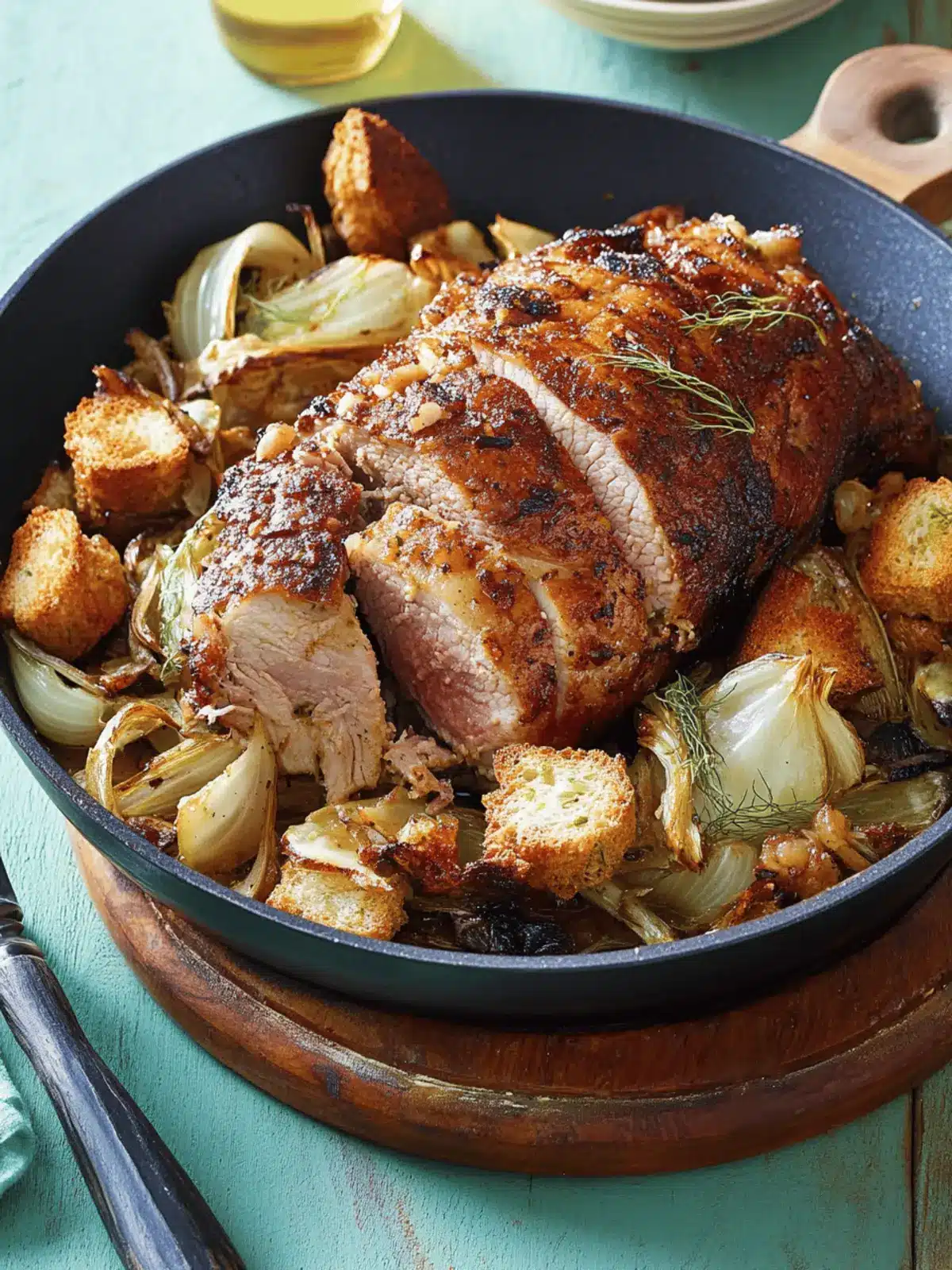 Savory Roast Pork Loin with Fennel and Crunchy Croutons 3 Roast Pork Loin with Fennel and Chunky Croutons