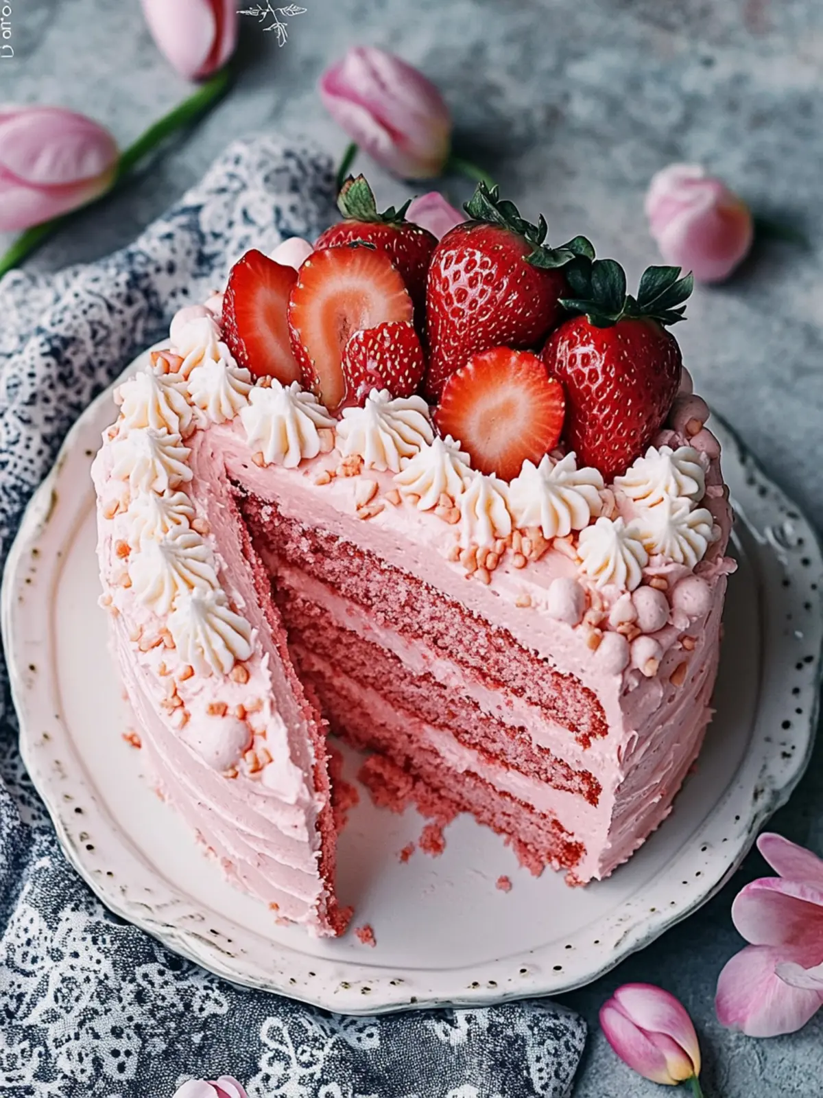 Pink Velvet Cake {With Strawberries}