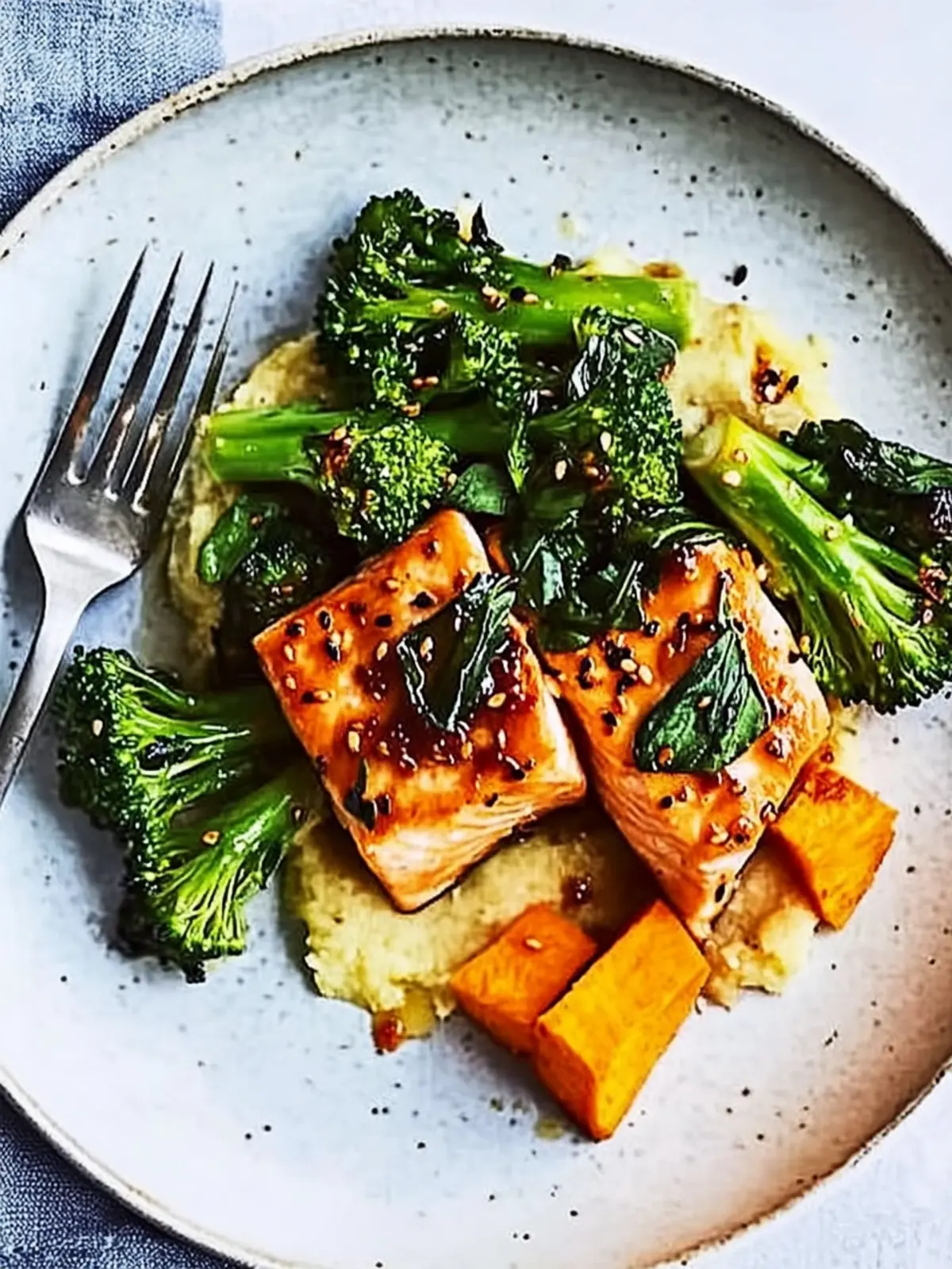 Savory Sesame Salmon with Sweet Potato Mash & Broccoli Bliss 4 Sesame salmon, purple sprouting broccoli & sweet potato mash