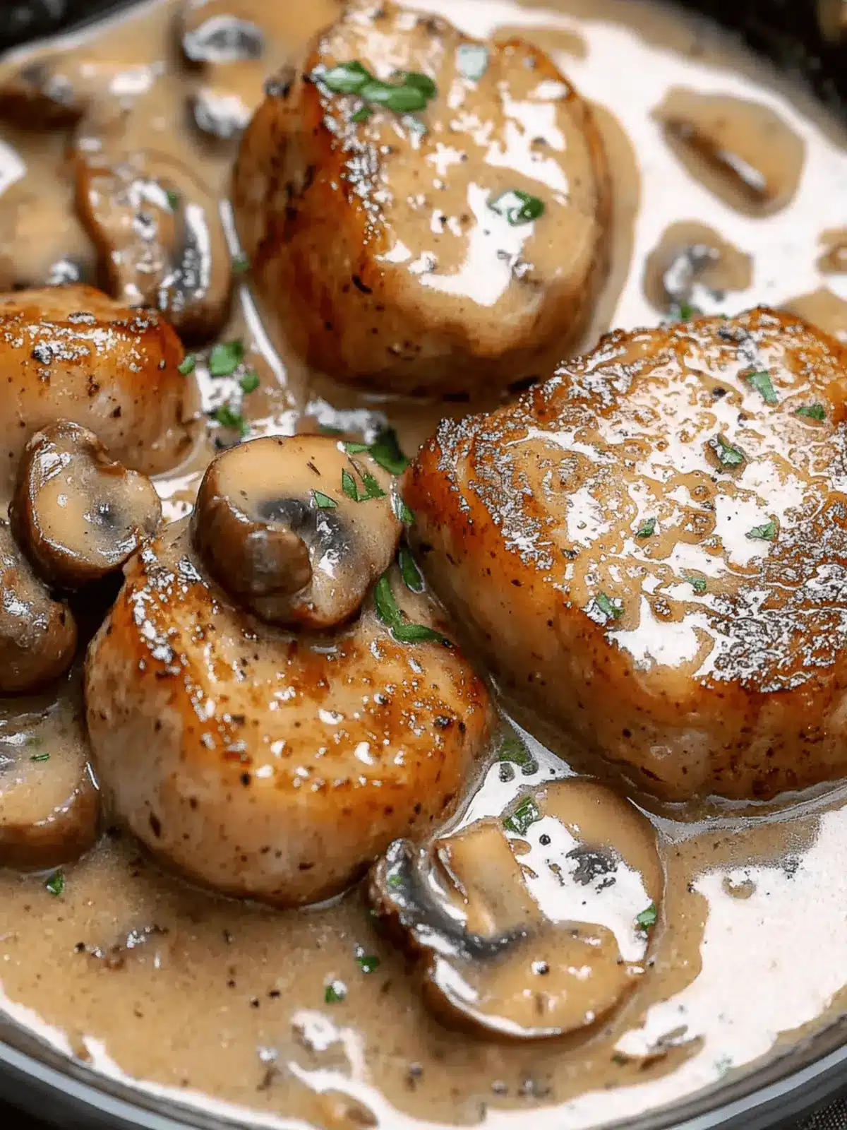 Juicy Pork Chops Bathed in Creamy Garlic Mushroom Gravy Delight 4 Juicy Pork Chops Bathed in Creamy Garlic Mushroom Gravy