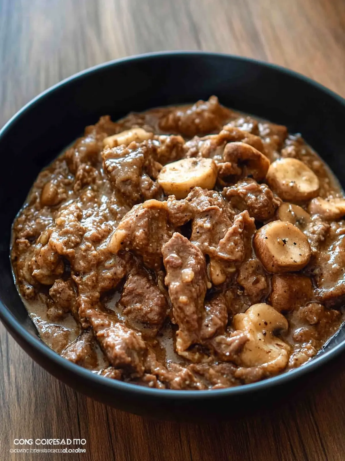 Garlic Pepper Beef in Mushroom Gravy