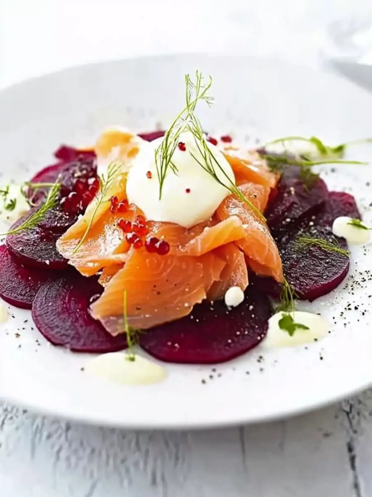 Smoked salmon with beetroot & vodka crÃ¨me fraÃ®che
