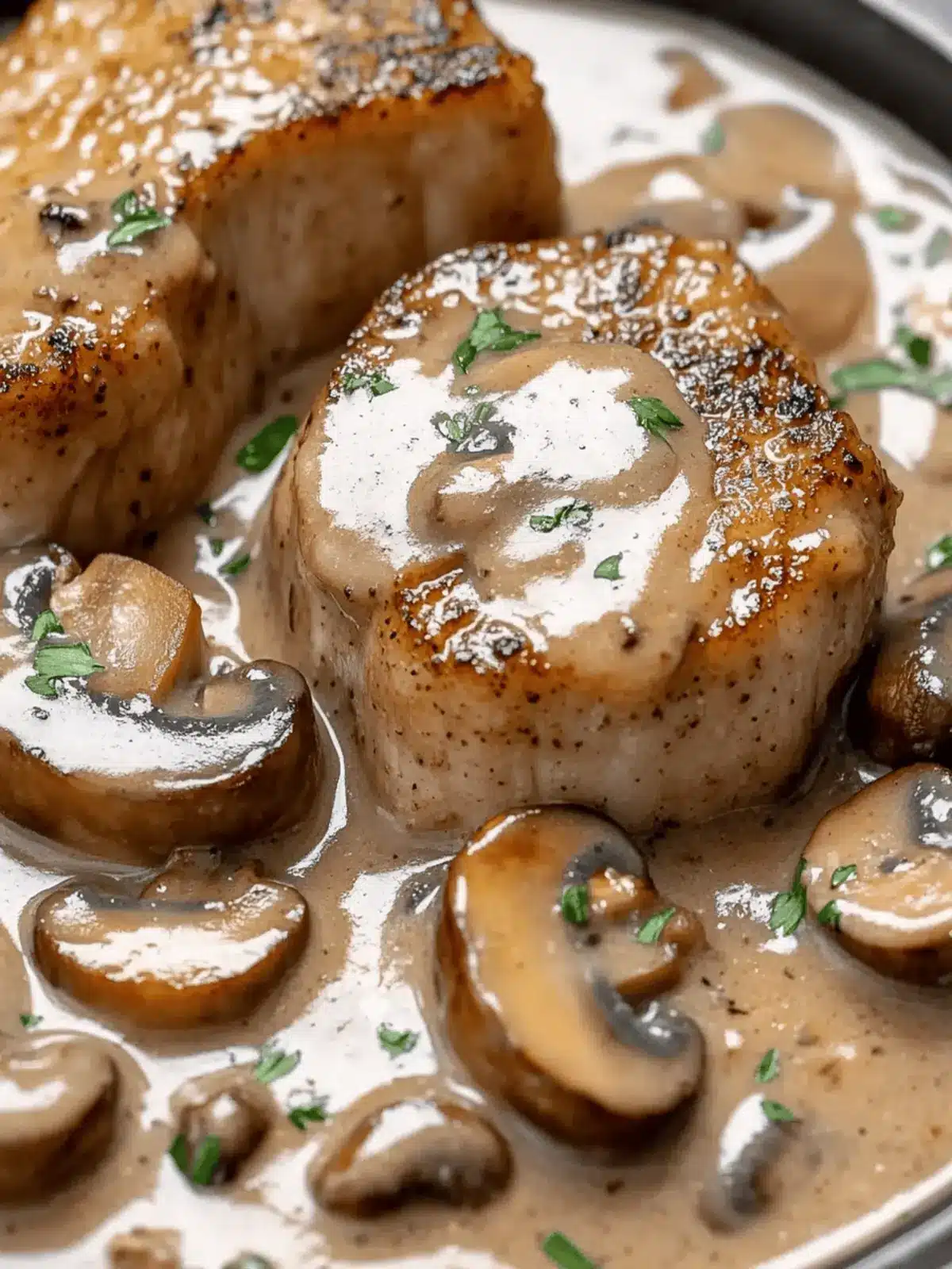 Juicy Pork Chops Bathed in Creamy Garlic Mushroom Gravy Delight 3 Juicy Pork Chops Bathed in Creamy Garlic Mushroom Gravy