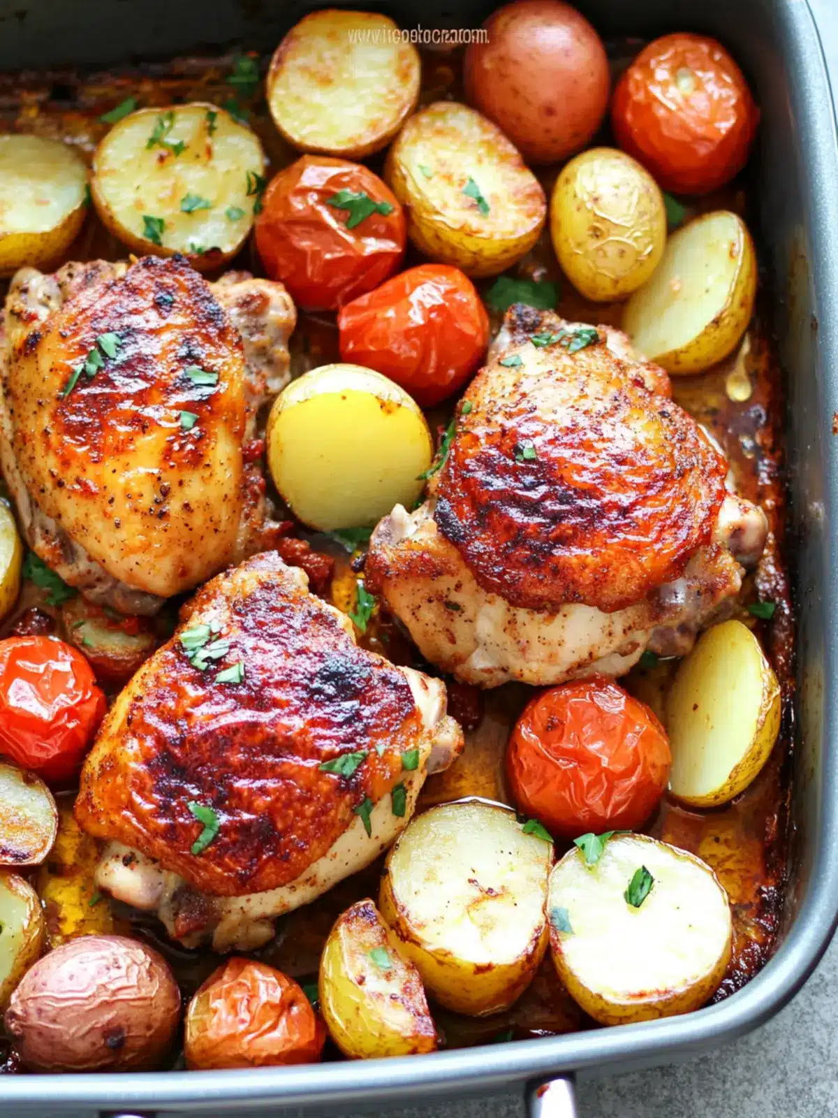 Healthy One Pan Baked Paprika Chicken Thighs with Potatoes and Tomatoes