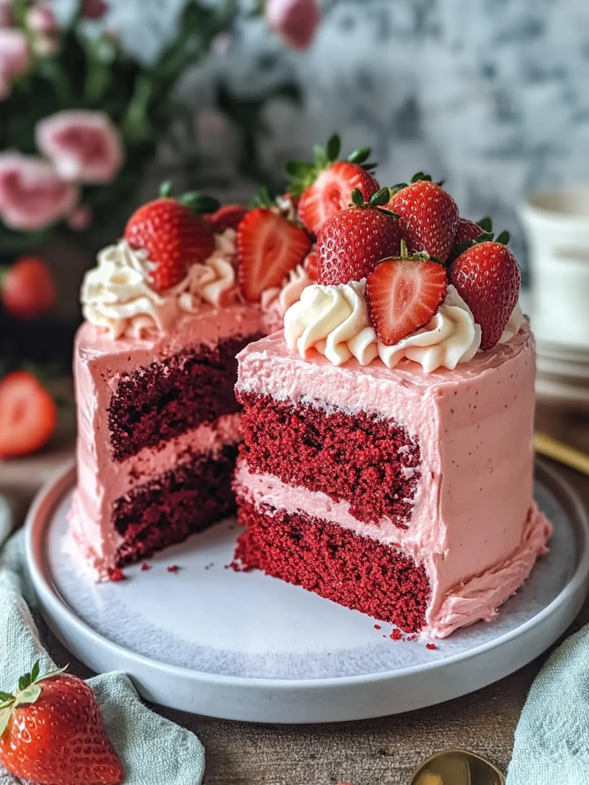 Strawberry Red Velvet Cake with Creamy Strawberry Frosting