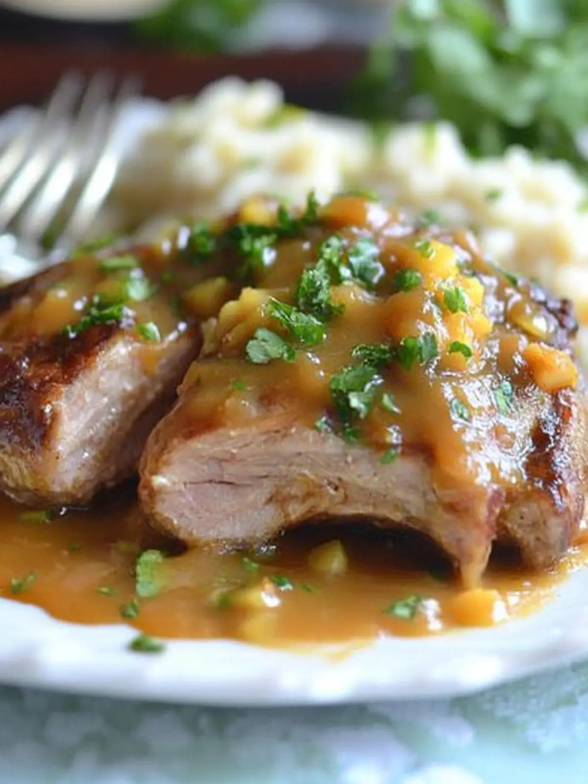 Slow Cooked Peach Barbecue Smothered Pork Chops