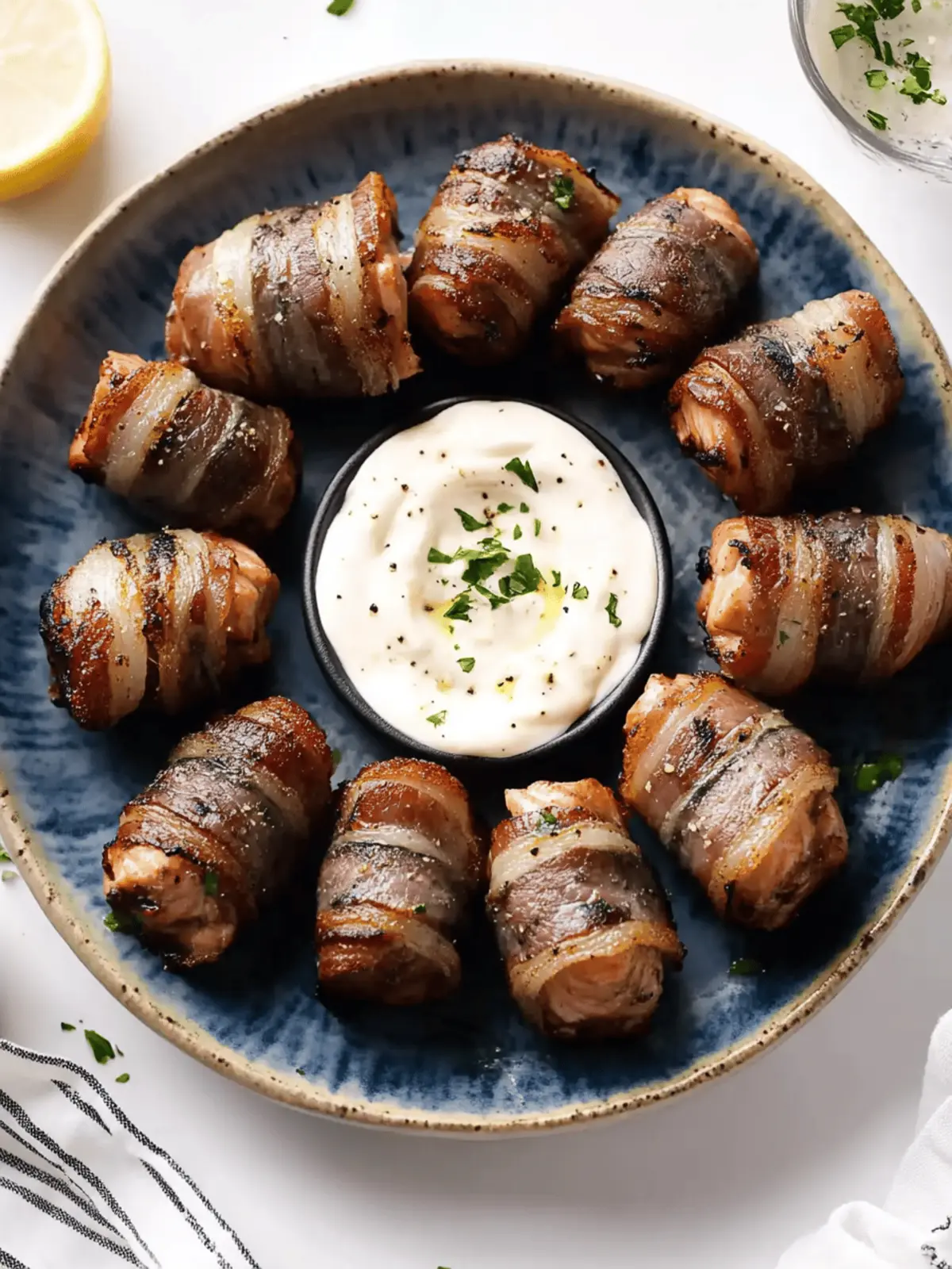 Grilled Bacon-Wrapped Salmon Bites with Lemon Garlic Mayo